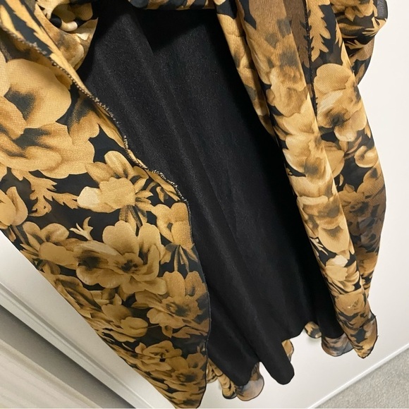 Floral black/ golden yellow chiffon maxi dress long  sleeve - Picture 7 of 15